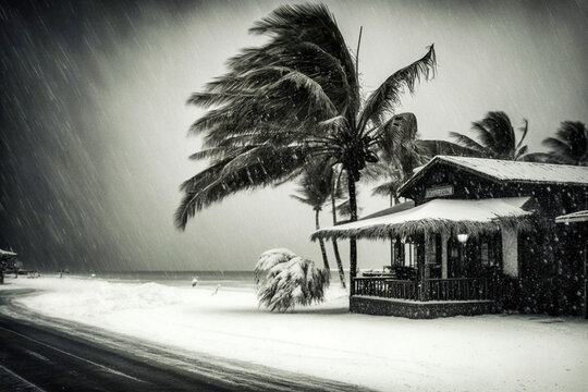 Snow storm in a tropical island, climate anomaly - generative ai