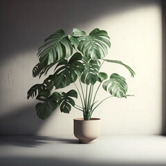 Potted monstera leaf with white minimalist background