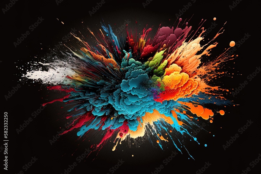 Poster plotting a colorful detonation on a dark backdrop generative ai