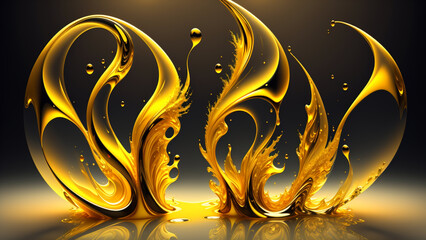豪華でキラキラした光沢感のある金色の液体が飛び散ったり跳ね回るイメージ　An image of a gorgeous, glittering, glossy golden liquid that splashes and bounces