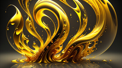 豪華でキラキラした光沢感のある金色の液体が飛び散ったり跳ね回るイメージ　An image of a gorgeous, glittering, glossy golden liquid that splashes and bounces - obrazy, fototapety, plakaty