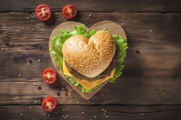 Vegan Burger Heart Shaped on a Heart Wooden Chopping Board - Generative AI