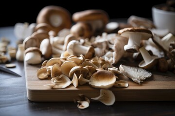 Fototapeta na wymiar Mushrooms on a Wooden Table - Generative AI