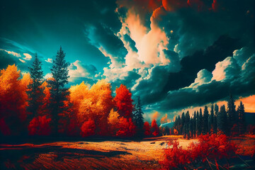 High-resolution autumn landscape forest with trees and clouds - generative ai