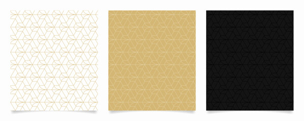 Fototapeta premium Set of geometric seamless patterns. Linear tetrapod pattern on white, gold, and black background.