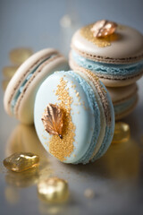Naklejka premium A stack of macaroons with gold glitter on them. Generative ai