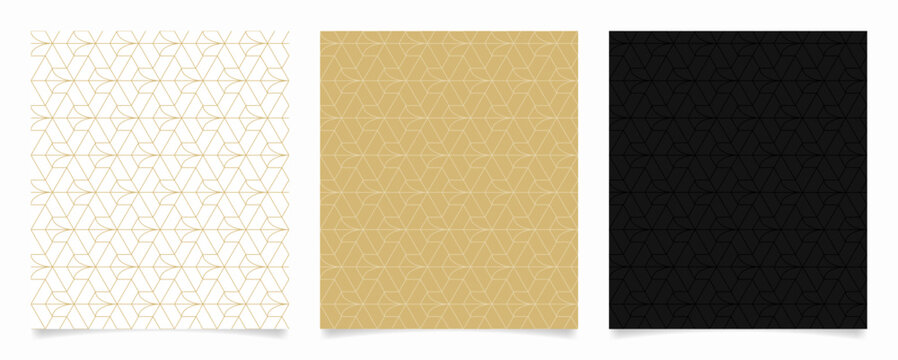 Set of geometric seamless patterns. Linear tetrapod pattern on white, gold, and black background.