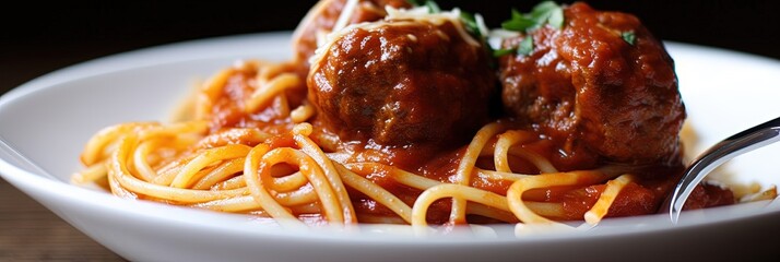 spaghetti and meatballs with marinara sauce - obrazy, fototapety, plakaty