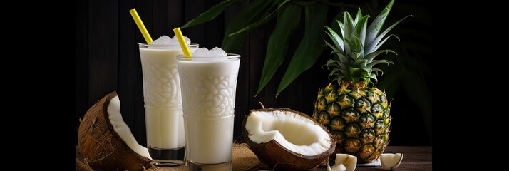 frosty pina colada with pineapple and coconut - obrazy, fototapety, plakaty