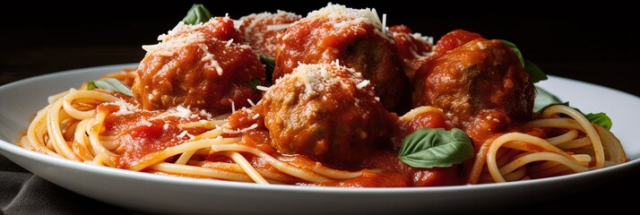 spaghetti and meatballs with marinara sauce - obrazy, fototapety, plakaty