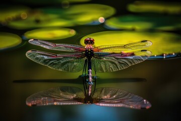 Dragonfly Hoovering a  Lily Leaf in a pond - Generative AI