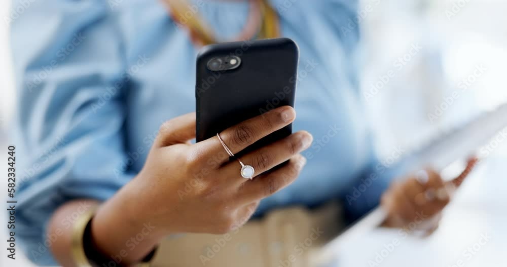 Poster hands, business phone and typing in office, texting or social media in workplace. technology, cellph