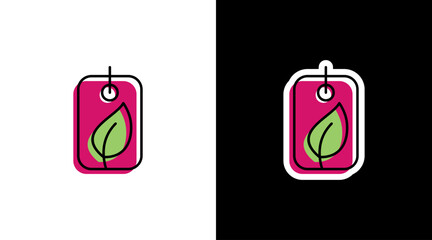 Paper tag with green leaves inside environmental logo icon sticker