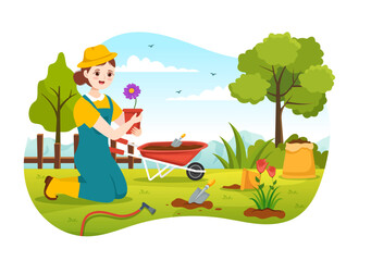 Fototapeta na wymiar Gardener Illustration with Garden Tools, Farming, Grows Vegetables in Botanical Summer Gardening Flat Cartoon Hand Drawn for Landing Page Templates