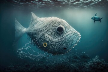 Plastic pollution Ghost Fishing Nets Wrapped Around a Fish in the Ocean - Generative AI
