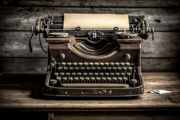 Fototapeta na wymiar Vintage Typewriter with Paper Sitting on an Old Wooden Desk - generative AI