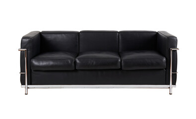 Industrial modernist black leather couch with tubular chrome frame. Product photograph with no...