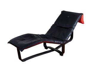 1970s black and red chaise lounge. Vintage leather reclining chair. Product photograph with no...