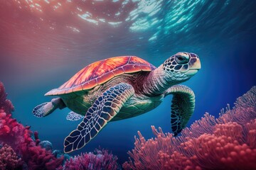 Sea Turtle Swimming in the Sea Over Corel - Generative AI