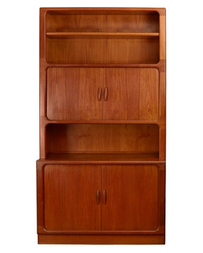 recommend clip art: Mid-century modern teak display cabinet. Vintage wood shelf with tambour doors. Product photograph with no background.