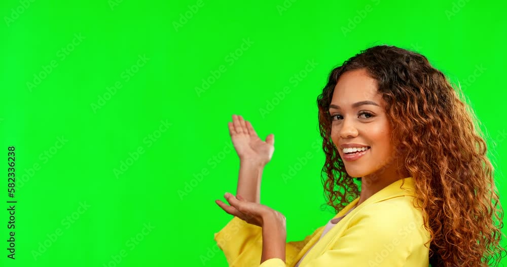 Sticker Showing, product placement and face of a woman on a green screen isolated on a studio background. Happy, mockup and portrait of a girl gesturing to branding space, a logo or promotion on a backdrop