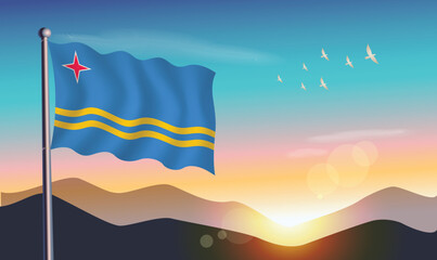 Aruba flag with mountains and morning sun in background