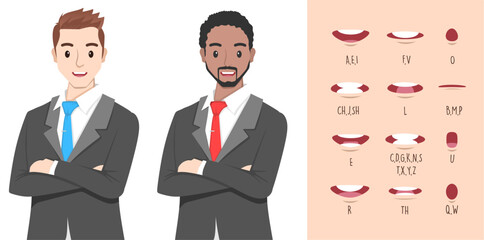 Businessman Character. Lip sync collection for animation. male mouth animation. Phoneme mouth chart. Alphabet pronunciation. Vector illustration. - obrazy, fototapety, plakaty
