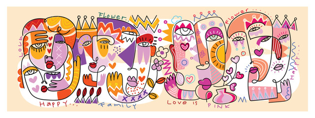 Set of abstract face portrait with line,shapes , doodles and various object hand drawn vector illustration.