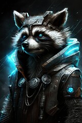 Meet Beautiful Futuristic Designer Art of Raccoon Animal: A Striking, Cool, Otherworldly, Artistic Illustration Ideal for High-Tech and Sci-Fi Design Projects (Generative AI)