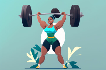 Strong woman lifting barbell flat color faceless character, Generative AI	