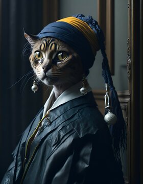 Portrait of cat with clothings, vermeer style, 12K, high quality, surreal photo, HD, cat like human, moody