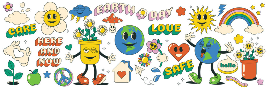 Groovy cartoon characters. Sticker pack for Earth or World Environment Day. Sticker pack in trendy retro cartoon style. Isolated vector illustration. Hippie 60s, 70s style.