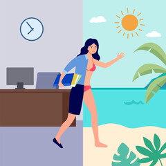 Annual leave concept vector illustration. Businesswoman going to the beach for vacation.