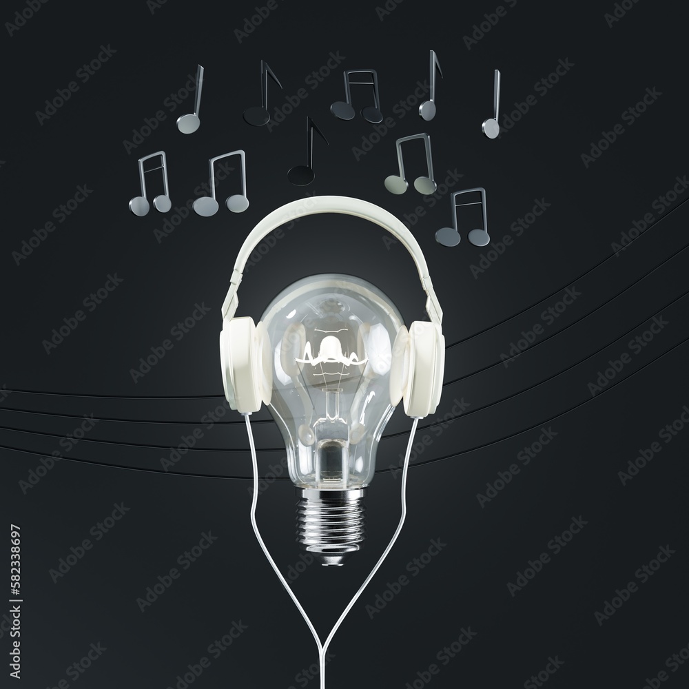 Aufkleber closeup lighting bulb floating put on headphones isolate on black color background with line melody 