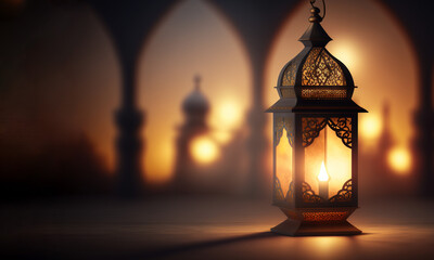 Arabic lantern Ramadan concept, copy space background. Generative AI