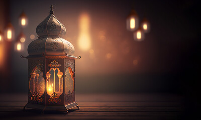 Arabic lantern Ramadan concept, copy space background. Generative AI