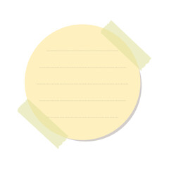 Round yellow sticky note illustration template. Taped office memo paper mockup.