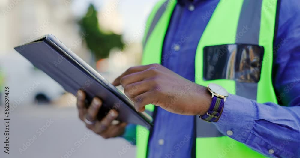 Poster tablet in man or construction worker hands for engineering update, project management or progress re