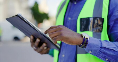 Tablet in man or construction worker hands for engineering update, project management or progress report in urban city. Architecture person, electrician or contractor scroll on digital technology app