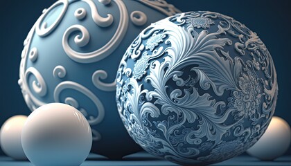 Chinese ceramics decorative balls on dark background, porcelain spheres, white, blue, wallpaper, generative AI