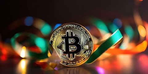 Moder Bitcoin logo with Shiny Streamers On Abstract Defocused Bokeh Lights