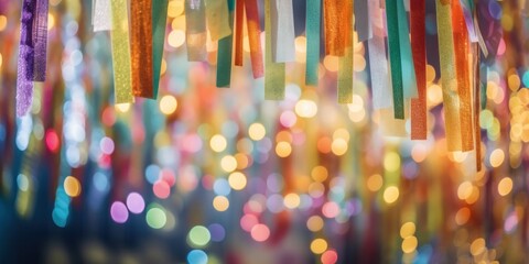 Ribbon with Shiny Streamers On Abstract Defocused Bokeh Lights