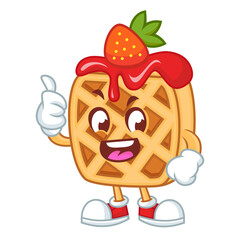 waffle with sauce strawberry and giving thumb up