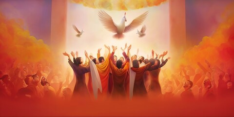 Illustration of Pentecost sunday holy spirit, Dove, Holy Spirit, and Flame for Pentecost. - obrazy, fototapety, plakaty