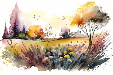 Obraz na płótnie Canvas Illustration Of A Flower Meadow In Autumn, Watercolor Illustration Of Autumn Flower Meadow, Spring Season, Generative Ai