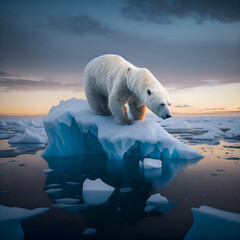 Polar bear on melting ice. Global warming effects on mountain glaciers. Climate crisis