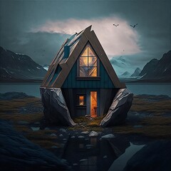 Small modern house in the night near a lake