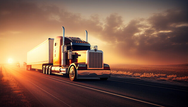 American Truck Against a Desert Sunset - Generative AI.