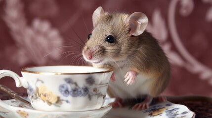 Mouse Drinking Tea. Generative AI.