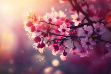 Spring Blossom Tree Pink Flowers And Abstract Background With Bokeh Sunlights Cherry Blooming, Spring Blossom Tree With Bokeh Sunlights, Spring Season, Generative Ai
